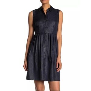Elie Tahari Samiyah Shimmer Button Front Dress in Navy/Silver Foil, Size 12, NWT